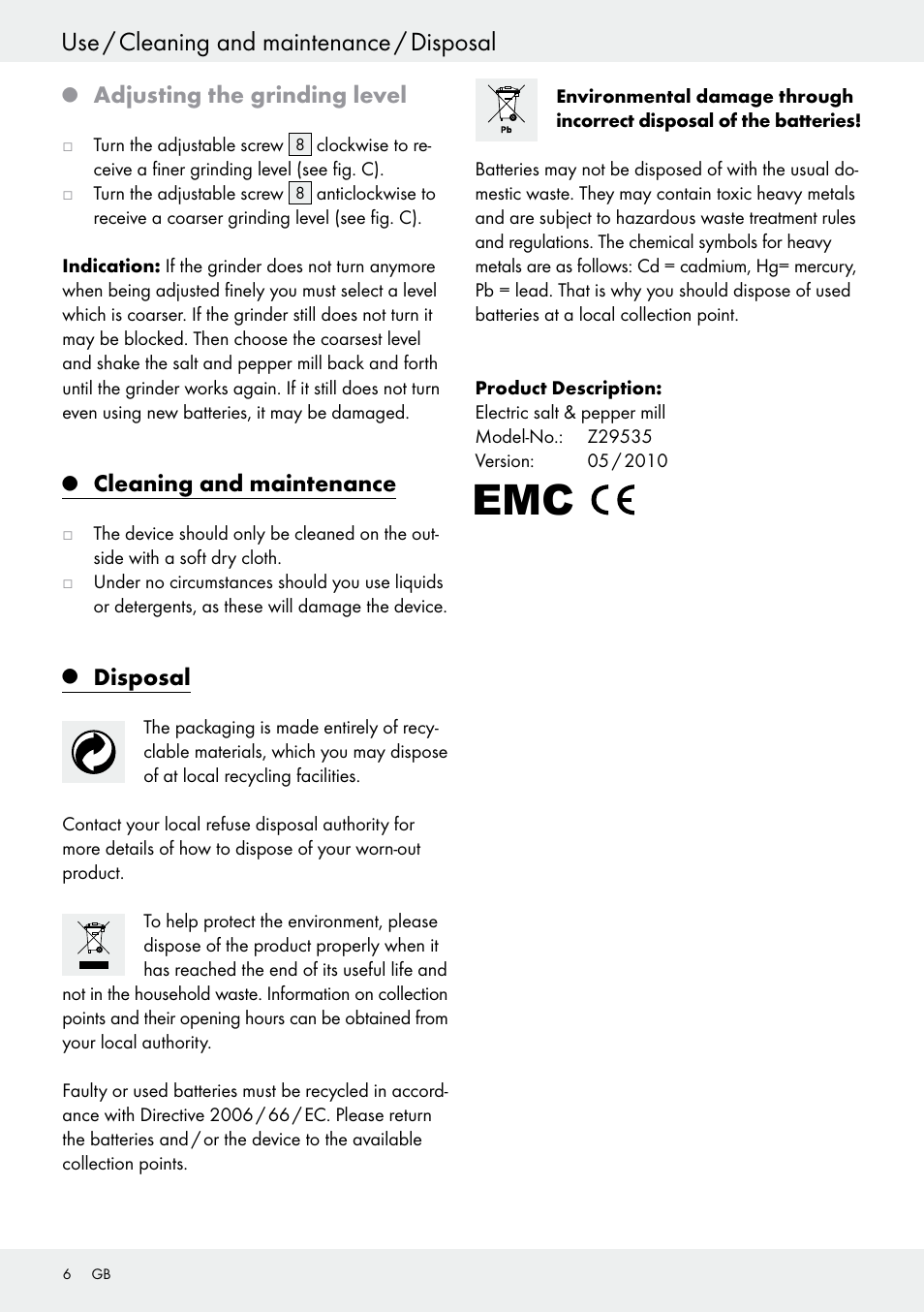 Use / cleaning and maintenance / disposal, Adjusting the grinding level, Cleaning and maintenance | Disposal | Ernesto Z29535 User Manual | Page 6 / 28