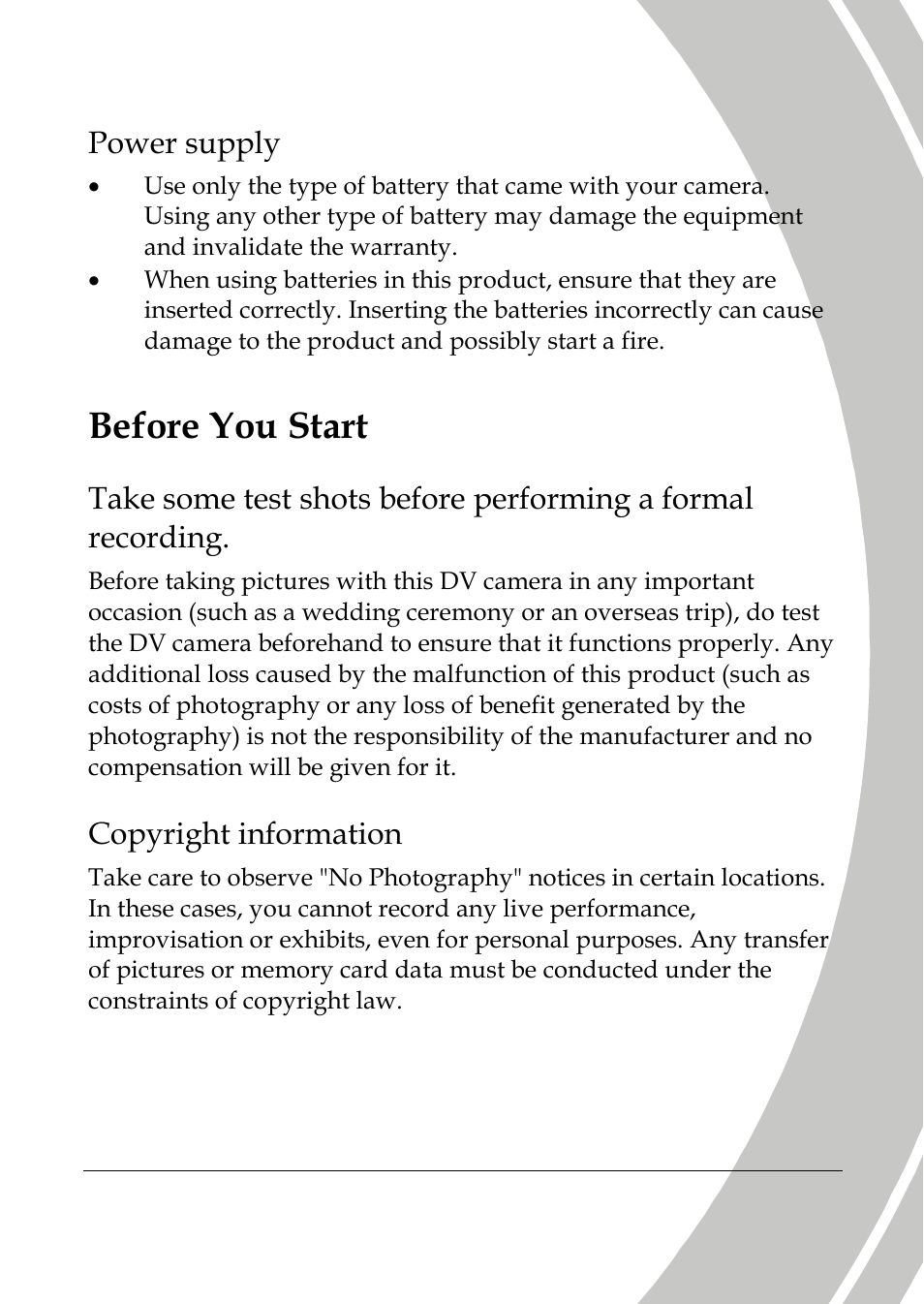 Before you start, Power supply, Copyright information | DXG Technology DXG-565V User Manual | Page 11 / 98