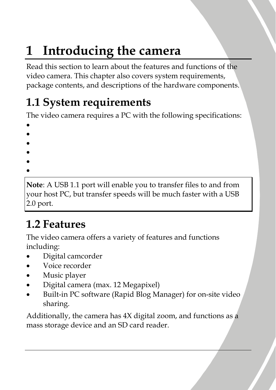 Introducing the camera, System requirements, Features | 1 introducing the camera, 1 system requirements, 2 features | DXG Technology DXG-565V User Manual | Page 13 / 98