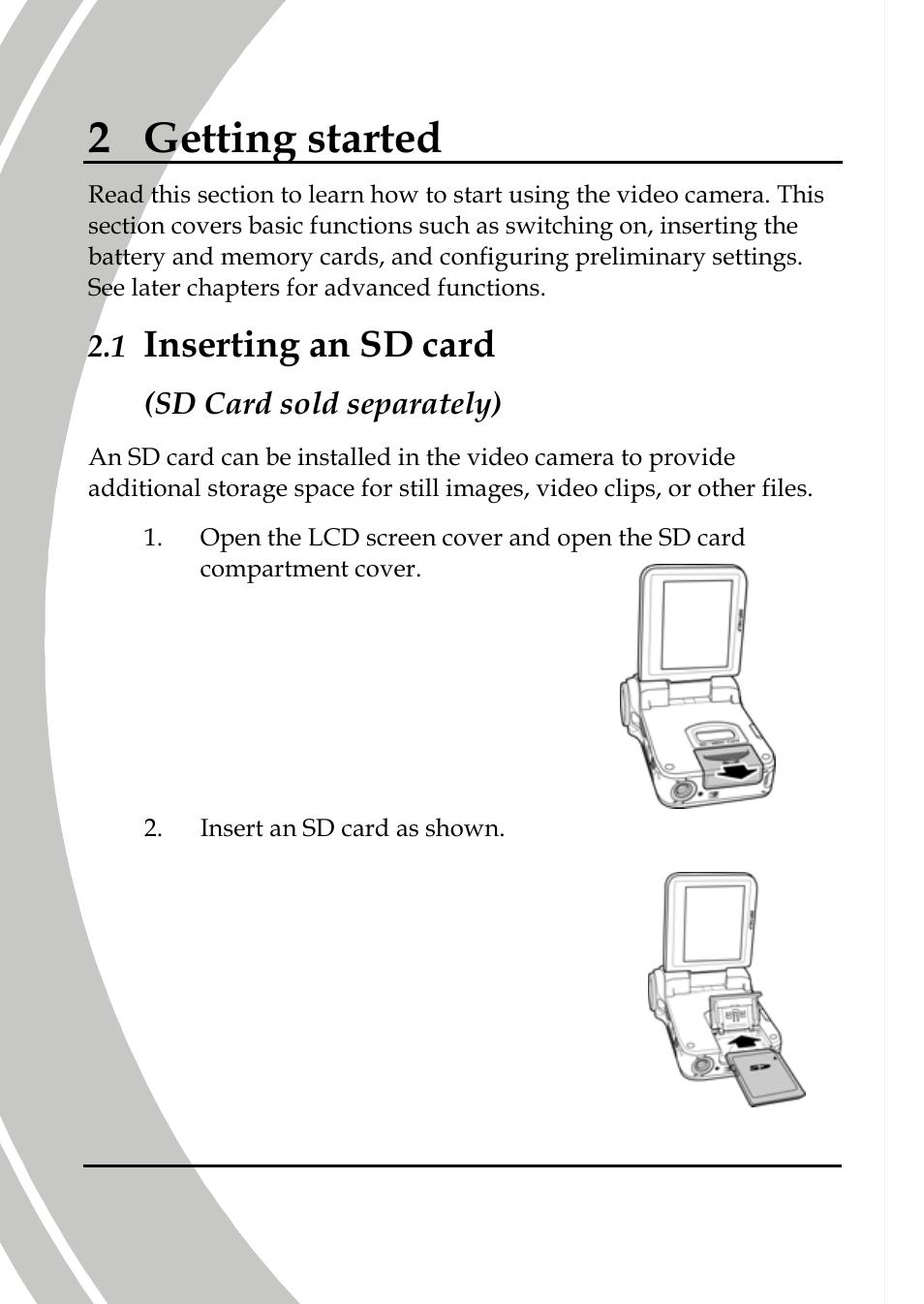 Getting started, Inserting an sd card, 2 getting started | DXG Technology DXG-565V User Manual | Page 22 / 98