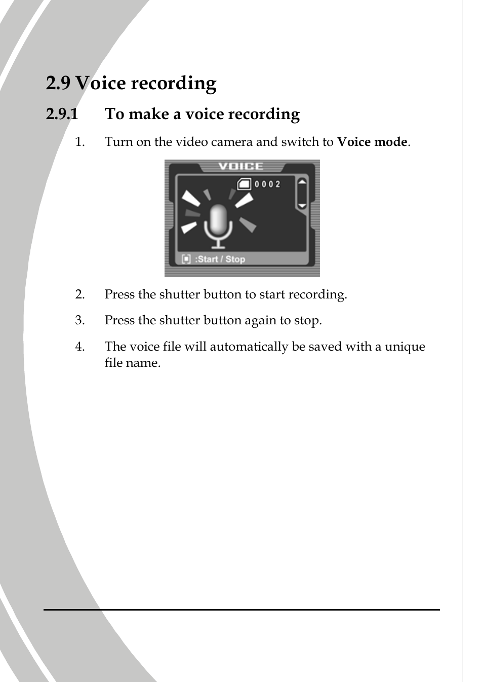 Voice recording, To make a voice recording, 9 voice recording | 1 to make a voice recording | DXG Technology DXG-565V User Manual | Page 34 / 98