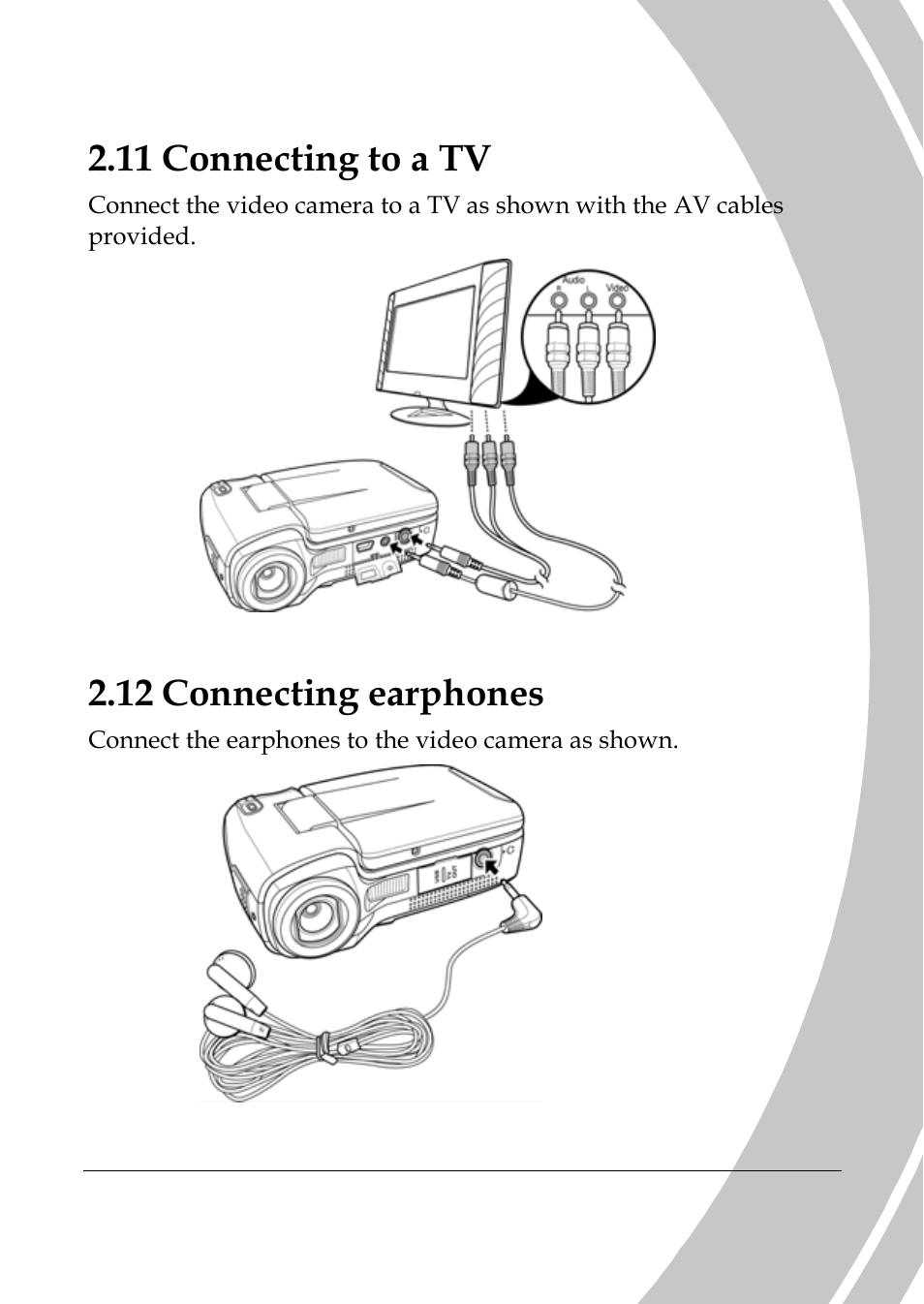 Connecting to a tv, Connecting earphones, 11 connecting to a tv | 12 connecting earphones | DXG Technology DXG-565V User Manual | Page 37 / 98