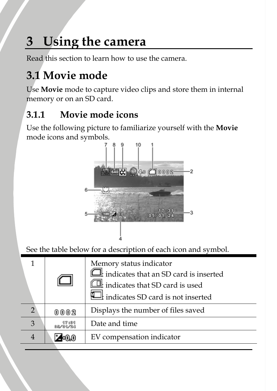 Using the camera, Movie mode, Movie mode icons | 3 using the camera, 1 movie mode, 1 movie mode icons | DXG Technology DXG-565V User Manual | Page 38 / 98