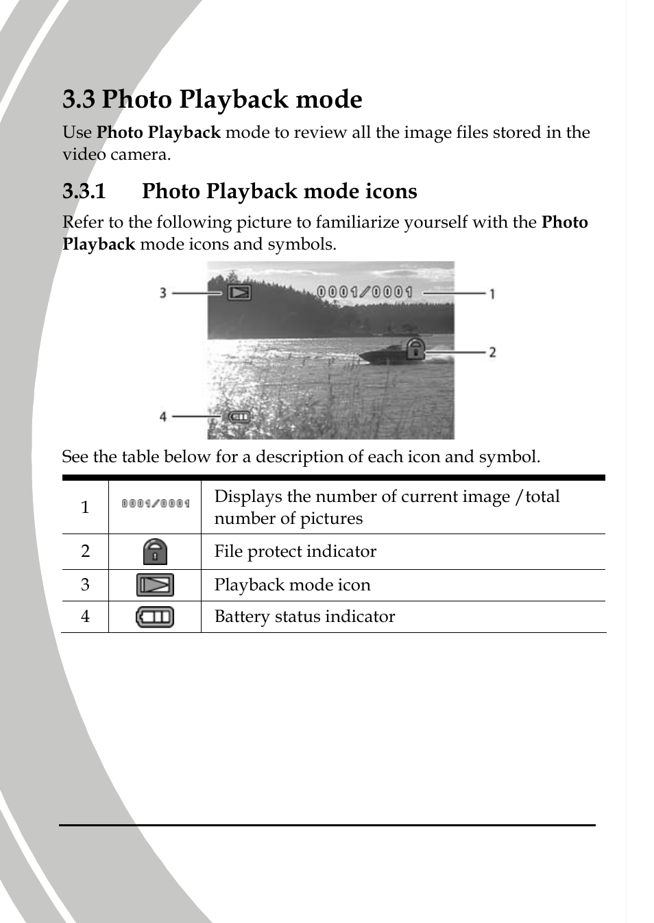Photo playback mode, Photo playback mode icons, 3 photo playback mode | 1 photo playback mode icons | DXG Technology DXG-565V User Manual | Page 44 / 98