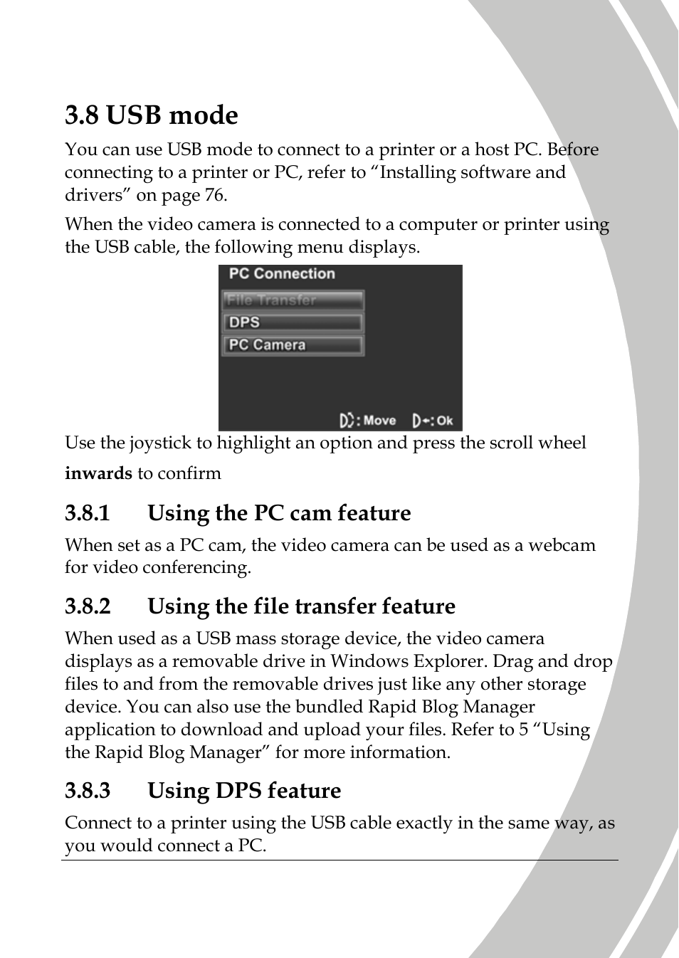 Usb mode, Using the pc cam feature, Using the file transfer feature | Using dps feature, 8 usb mode, Usin feature, 3 using dps feature, 1 using the pc cam feature, 2 g the file transfer | DXG Technology DXG-565V User Manual | Page 51 / 98