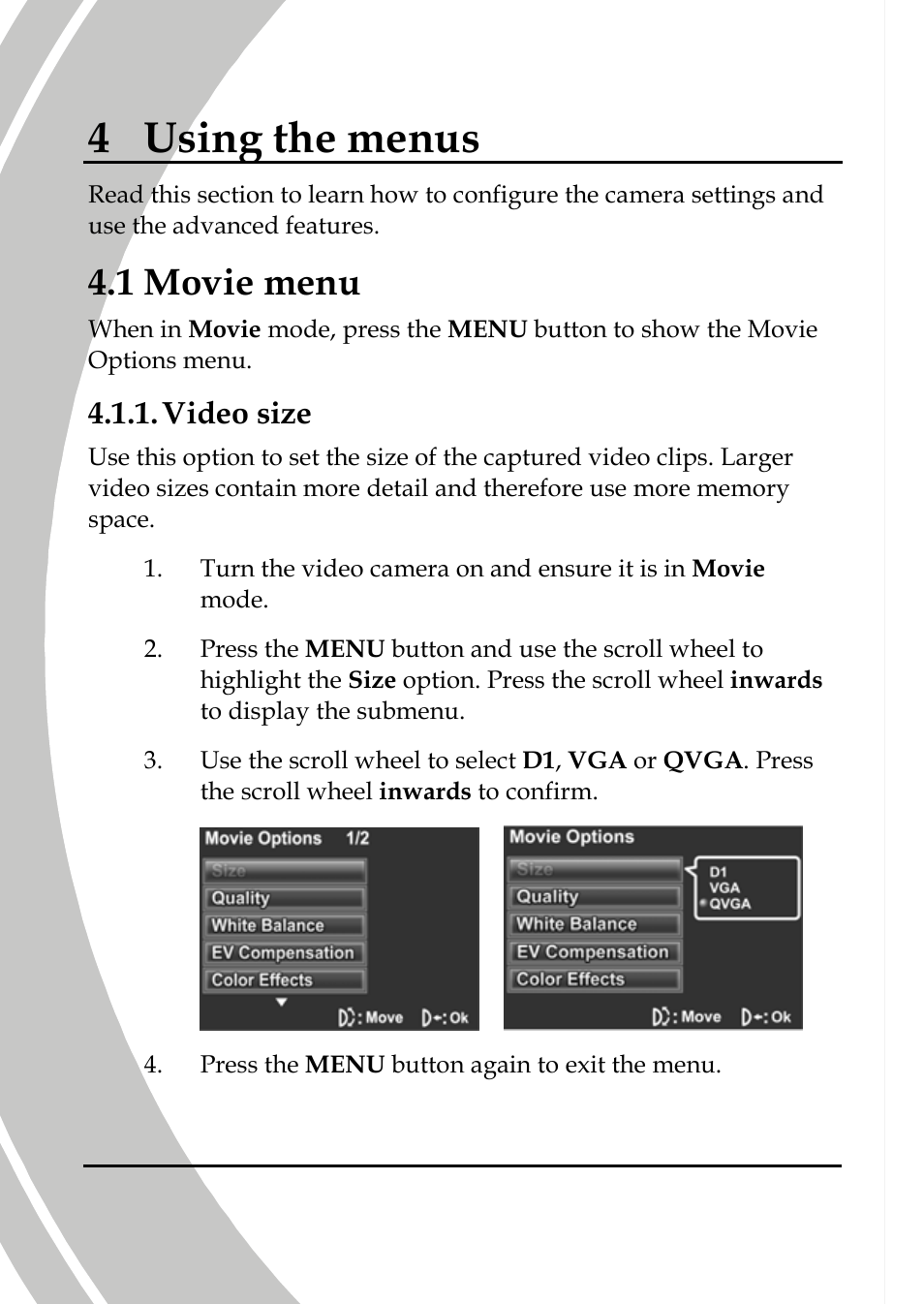 Using the menus, Movie menu, Video size | Menus 4 using the, 1 movie menu | DXG Technology DXG-565V User Manual | Page 52 / 98