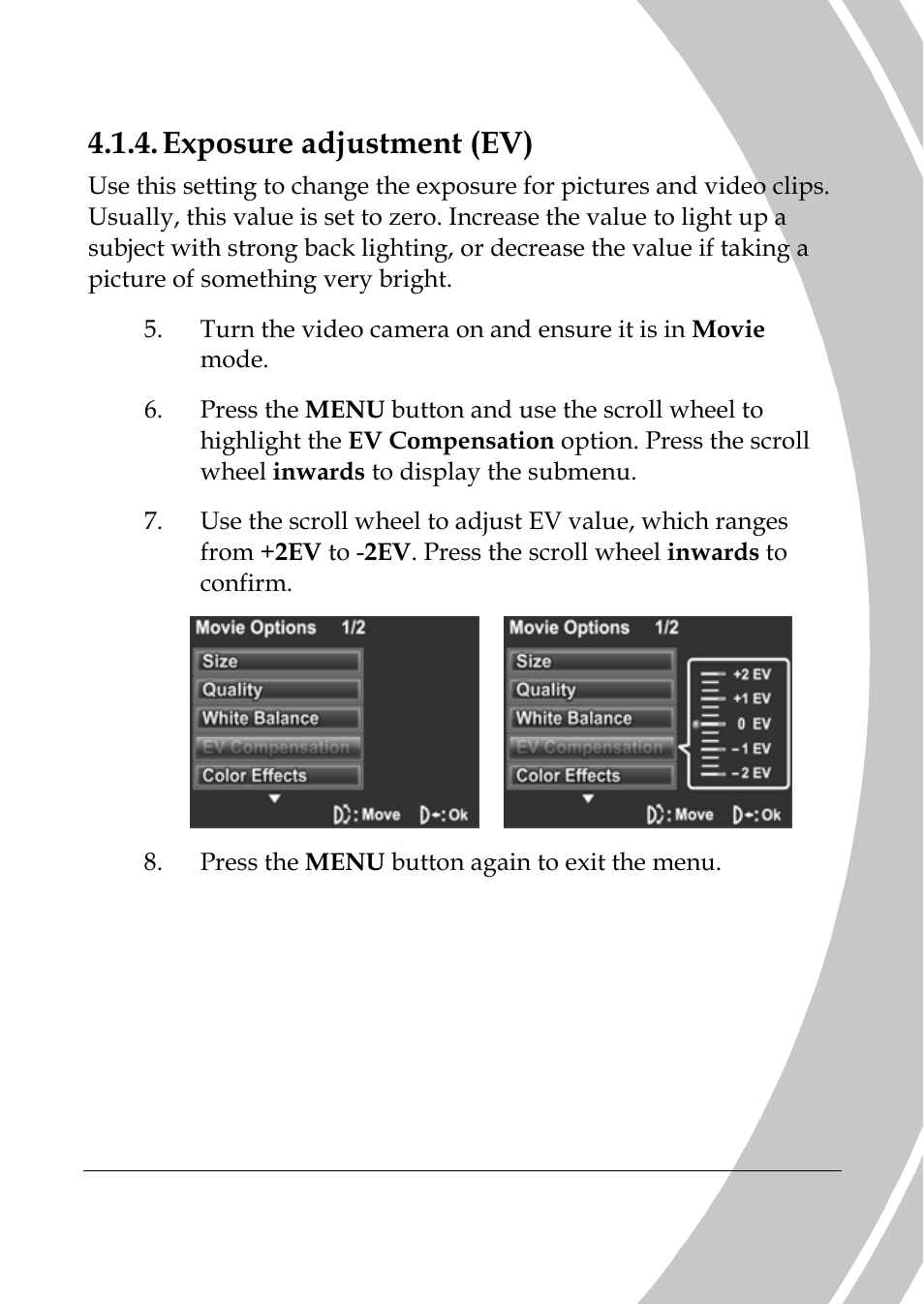 Exposure adjustment (ev), Tment (ev), Exposure adjus | DXG Technology DXG-565V User Manual | Page 55 / 98