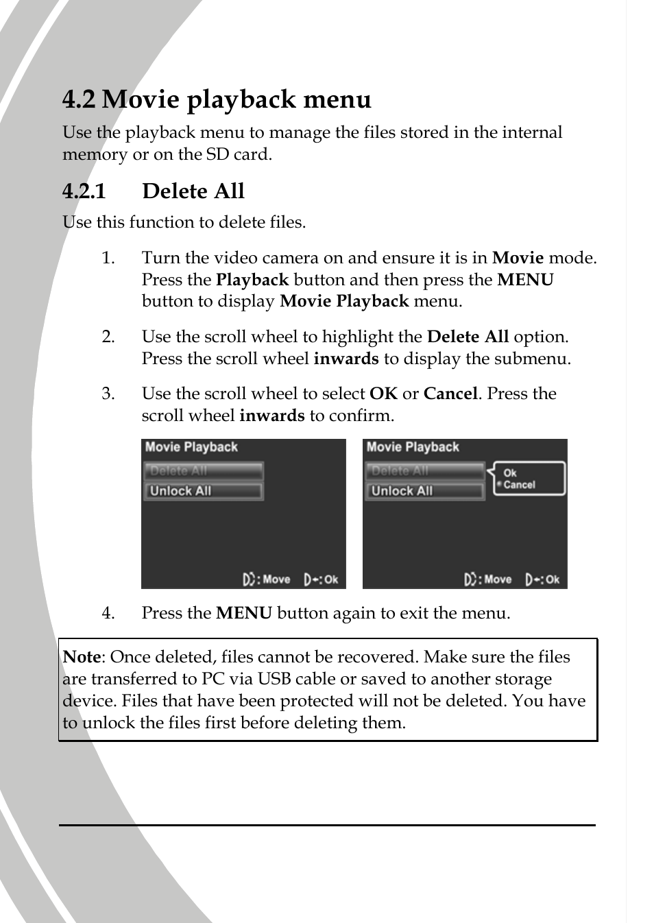 Movie playback menu, Delete all, Yback menu | 2 movie pla, 1 delete | DXG Technology DXG-565V User Manual | Page 58 / 98