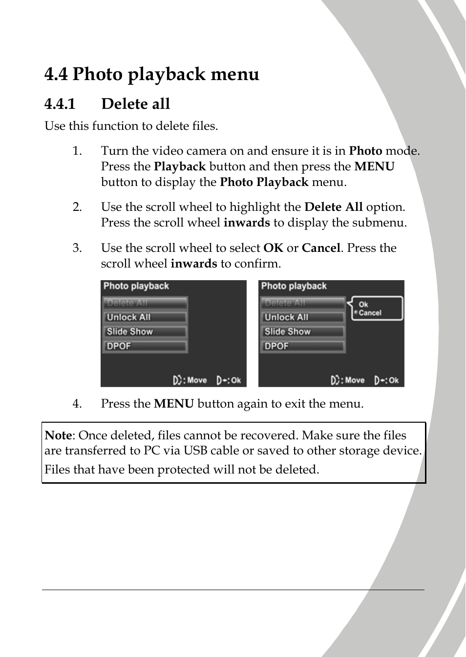 Photo playback menu, Delete all, K menu | 4 photo playbac, 1 delete all | DXG Technology DXG-565V User Manual | Page 67 / 98