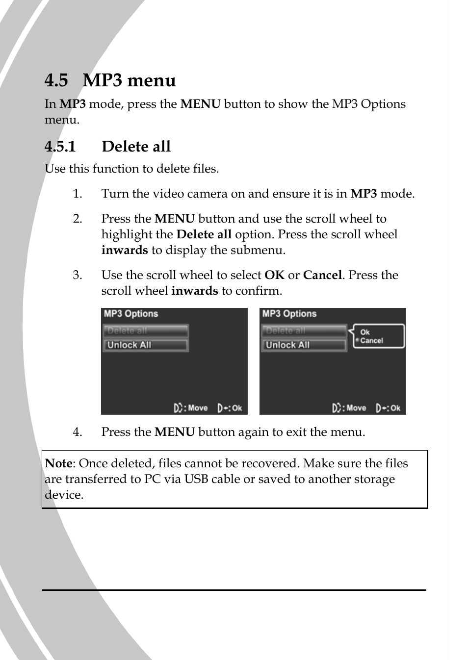 Mp3 menu, Delete all, 5 mp3 menu | 1 delete all | DXG Technology DXG-565V User Manual | Page 72 / 98
