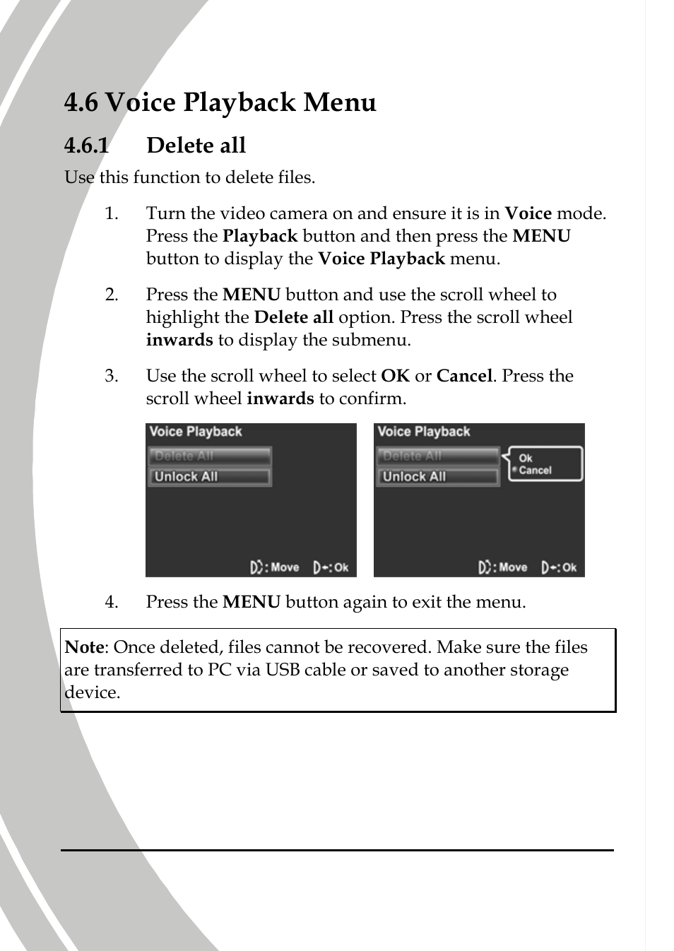 Voice playback menu, Delete all, Ck menu | 6 voice playba, 1 delete all | DXG Technology DXG-565V User Manual | Page 74 / 98