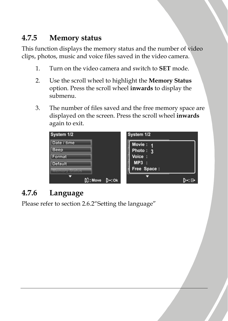 Memory status, Language, Status | 6 language | DXG Technology DXG-565V User Manual | Page 79 / 98