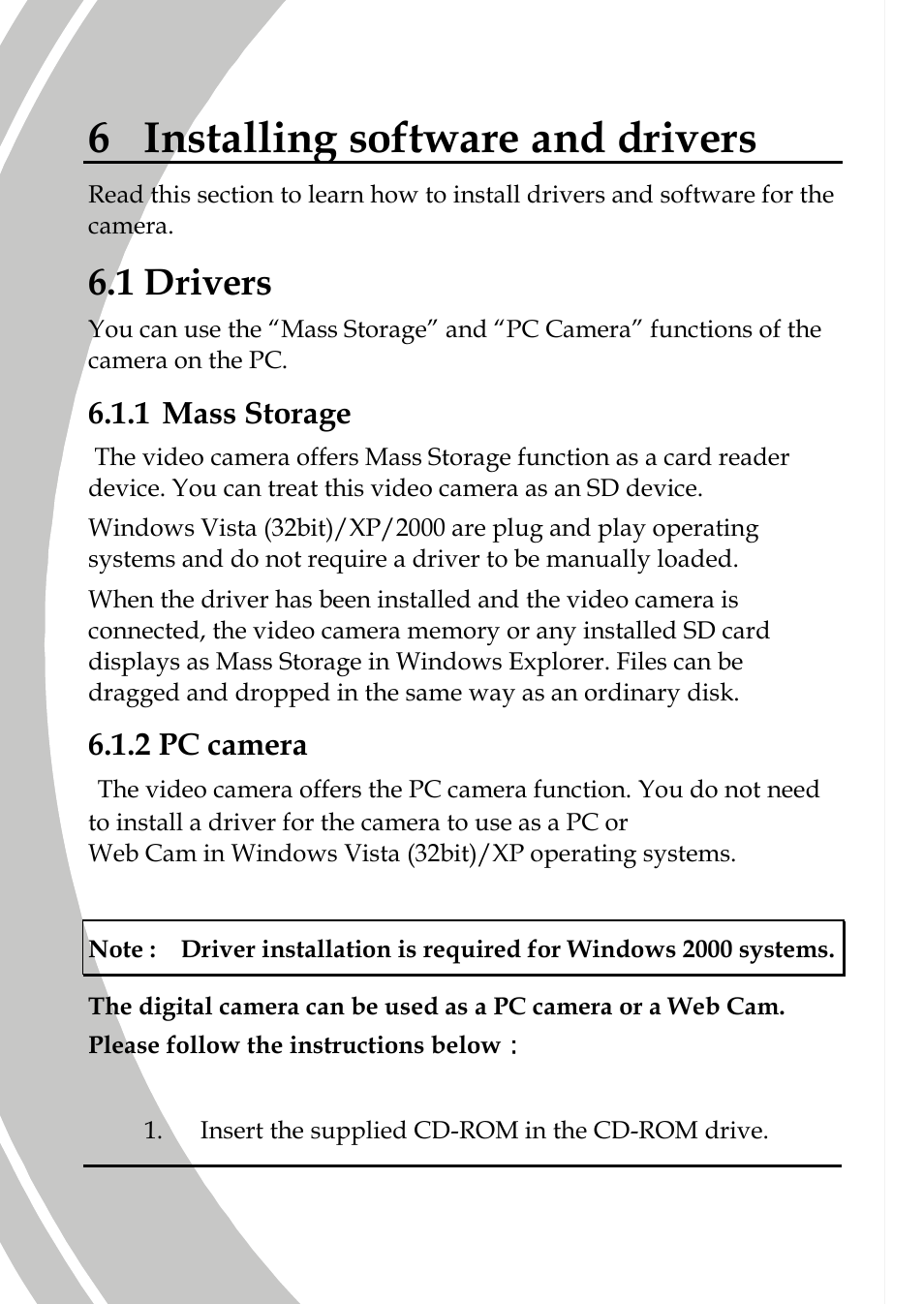 Installing software and drivers, Drivers, Mass storage | 2 pc camera, Ivers 6 installing software and dr, 1 drivers | DXG Technology DXG-565V User Manual | Page 88 / 98