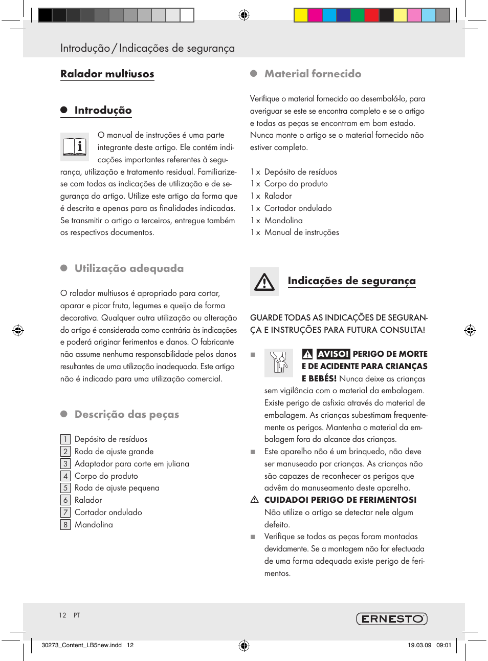 Introdução / indicações de segurança, Ralador multifunções, Introdução | Utilização adequada, Descrição das peças, Material fornecido, Indicações de segurança | Ernesto Z28071 User Manual | Page 10 / 18