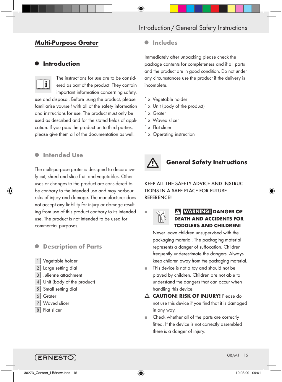 Introduction / general safety instructions, Multi-purpose grater, Introduction | Intended use, Description of parts, Includes, General safety instructions | Ernesto Z28071 User Manual | Page 13 / 18