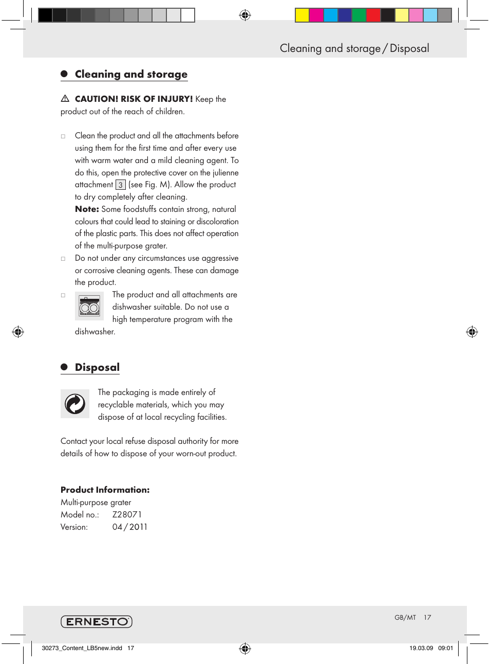 Cleaning and storage / disposal, Cleaning and storage, Disposal | Ernesto Z28071 User Manual | Page 15 / 18