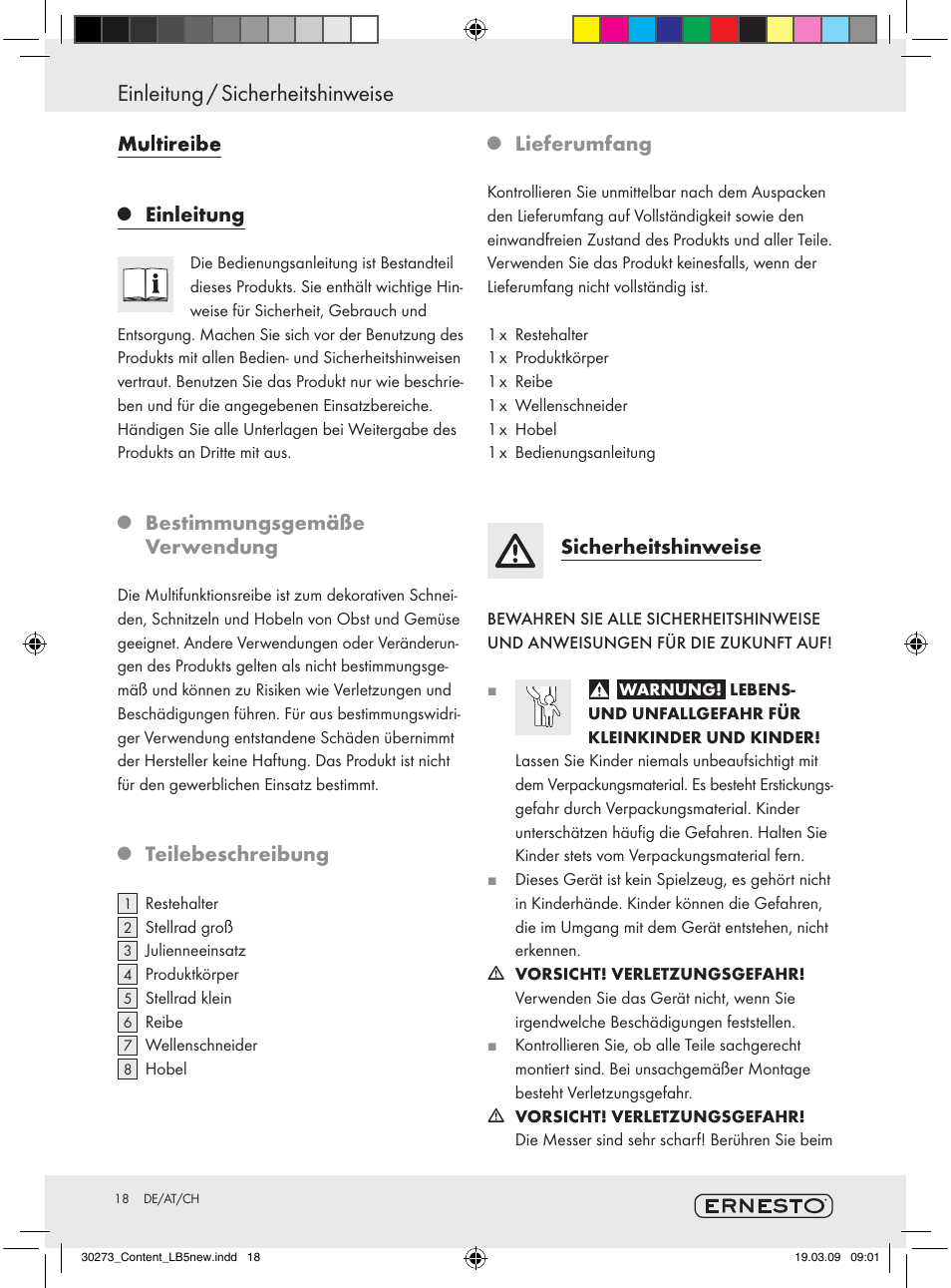 Einleitung / sicherheitshinweise, Multifunktionsreibe, Einleitung | Bestimmungsgemäße verwendung, Teilebeschreibung, Lieferumfang, Sicherheitshinweise | Ernesto Z28071 User Manual | Page 16 / 18