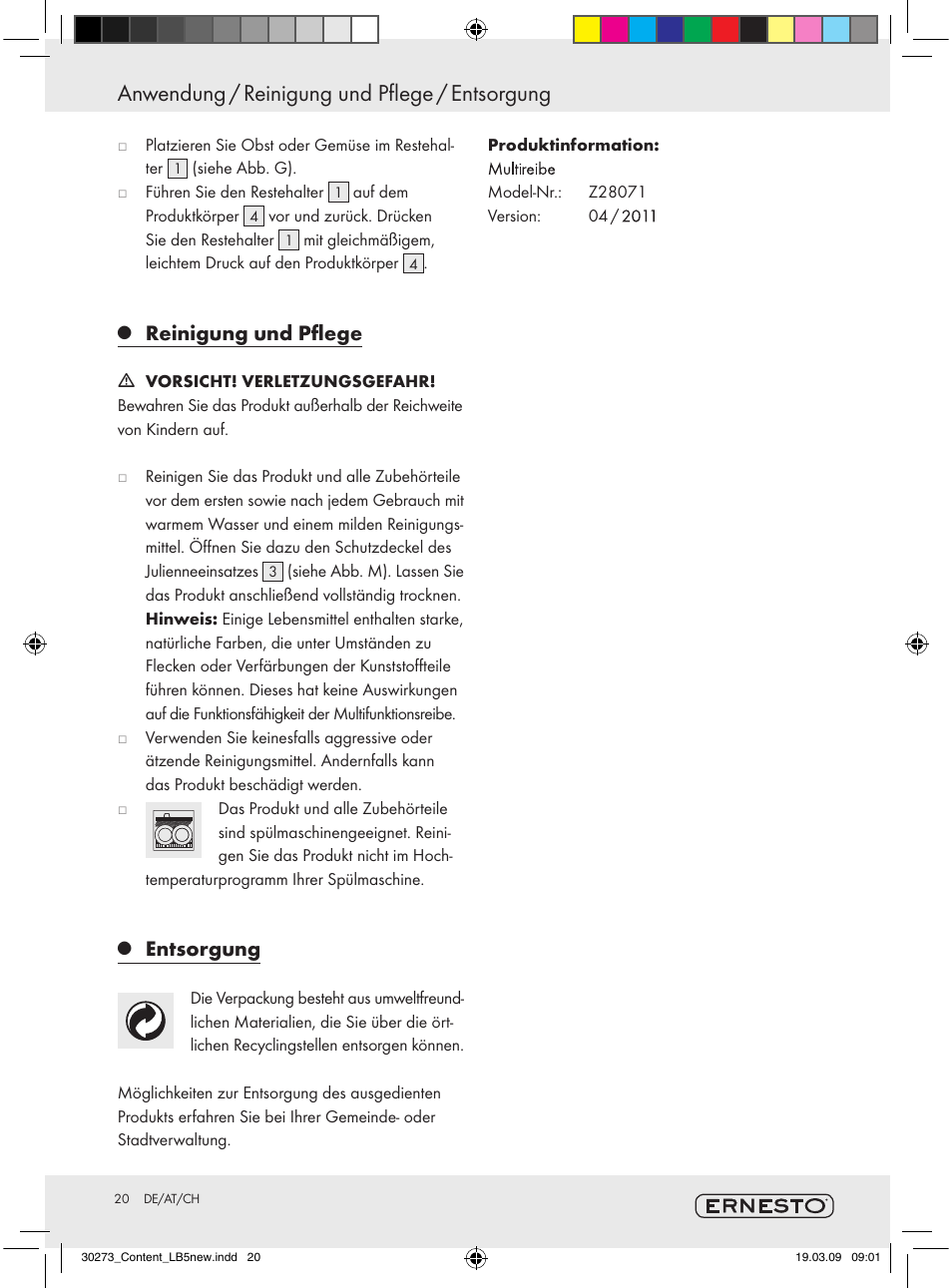 Anwendung / reinigung und pflege / entsorgung, Reinigung und pflege, Entsorgung | Ernesto Z28071 User Manual | Page 18 / 18