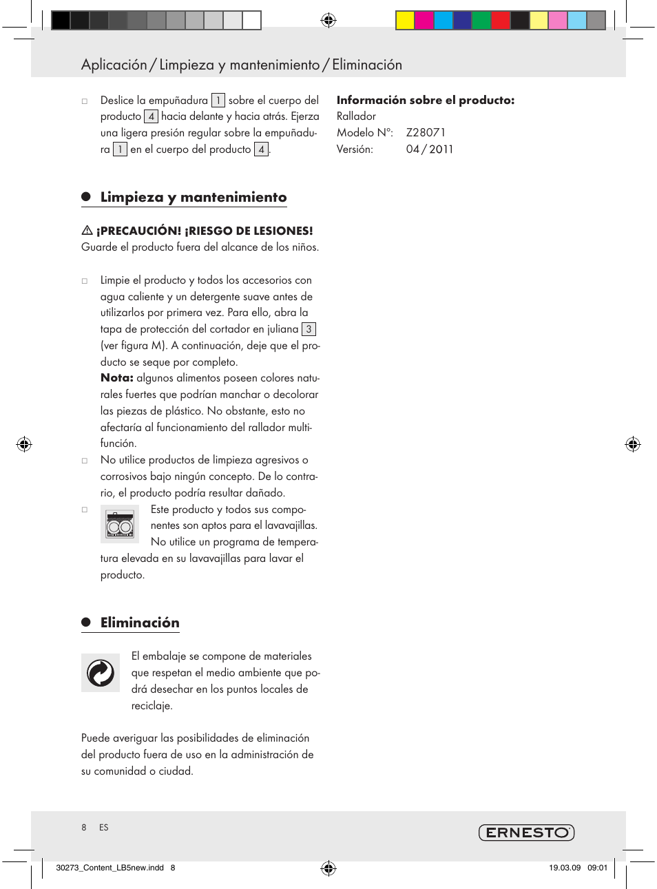 Limpieza y mantenimiento, Eliminación | Ernesto Z28071 User Manual | Page 6 / 18