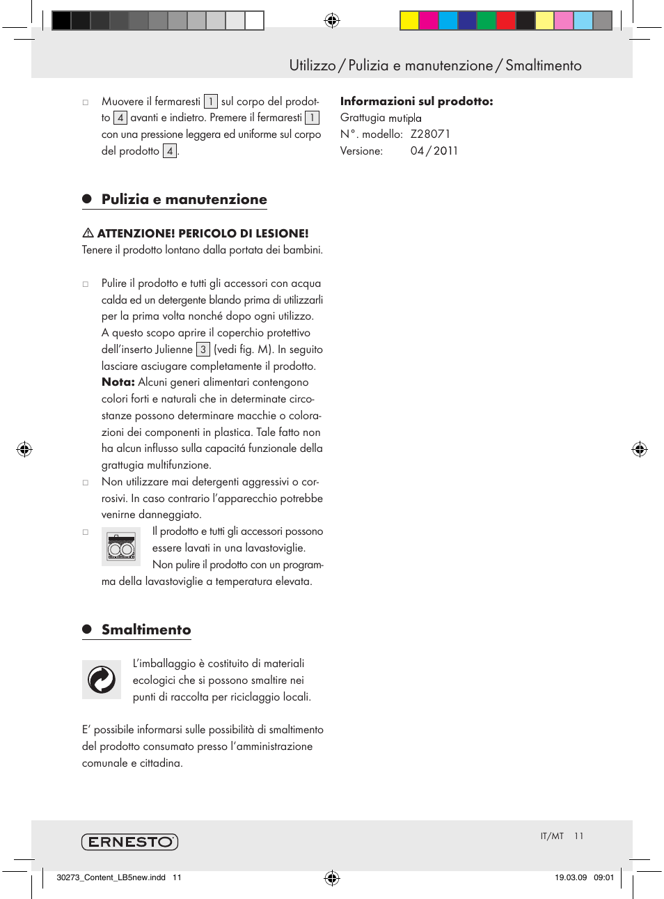 Utilizzo / pulizia e manutenzione / smaltimento, Pulizia e manutenzione, Smaltimento | Ernesto Z28071 User Manual | Page 9 / 18