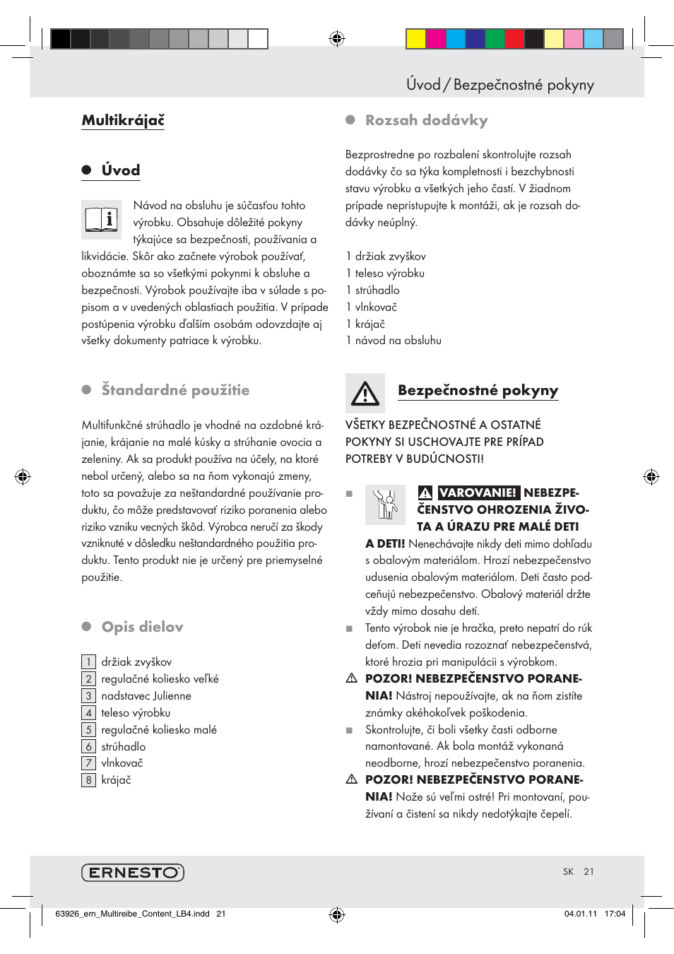 Úvod / bezpečnostné pokyny, Multikrájač, Úvod | Štandardné použitie, Opis dielov, Rozsah dodávky, Bezpečnostné pokyny | Ernesto Z28071 User Manual | Page 19 / 24