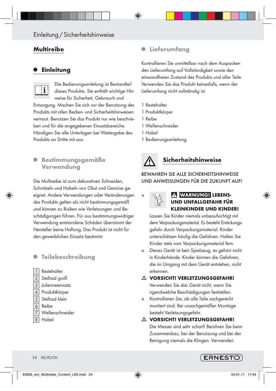 Einleitung / sicherheitshinweise, Multireibe, Einleitung | Bestimmungsgemäße verwendung, Teilebeschreibung, Lieferumfang, Sicherheitshinweise | Ernesto Z28071 User Manual | Page 22 / 24