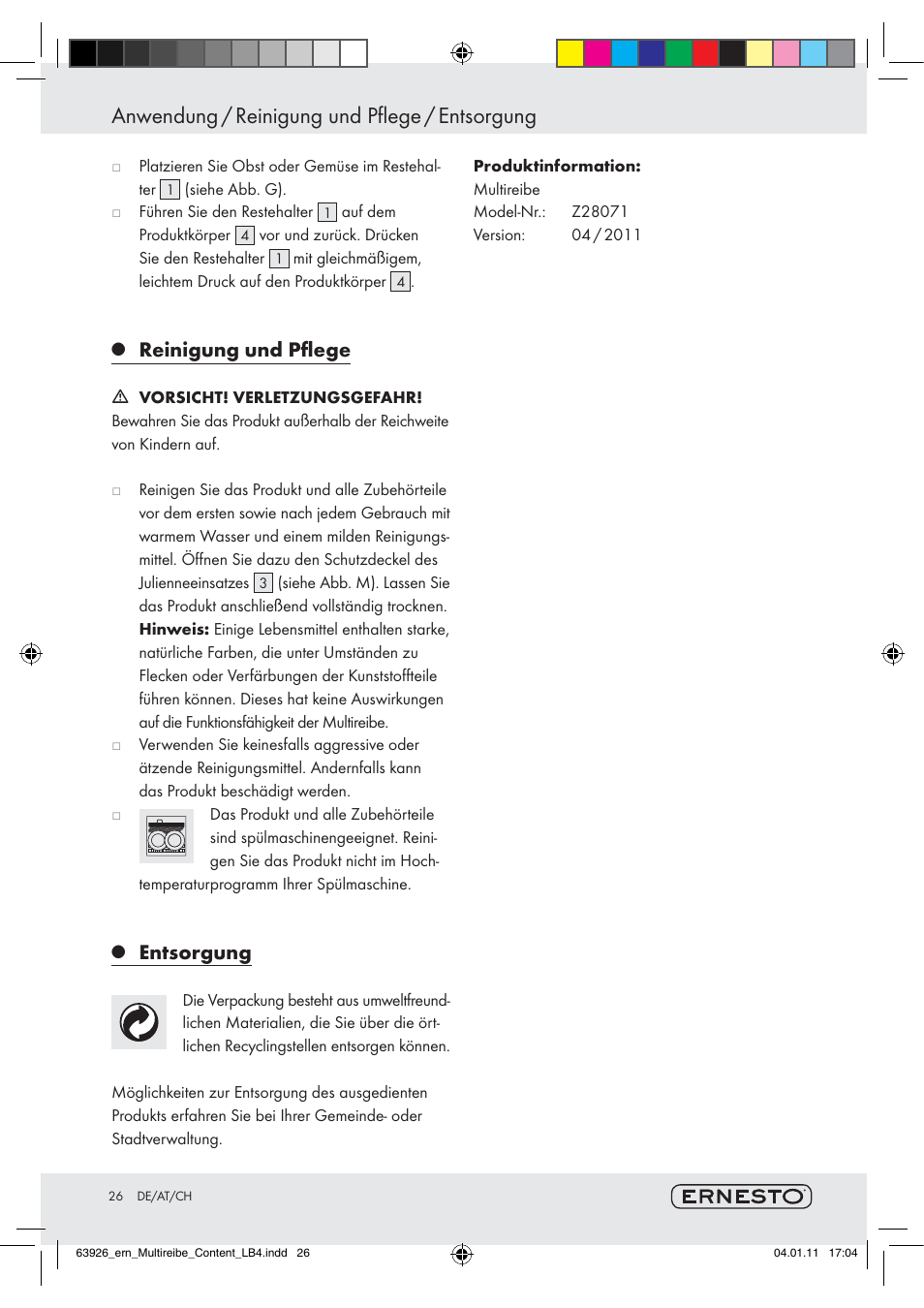 Anwendung / reinigung und pflege / entsorgung, Reinigung und pﬂege, Entsorgung | Ernesto Z28071 User Manual | Page 24 / 24