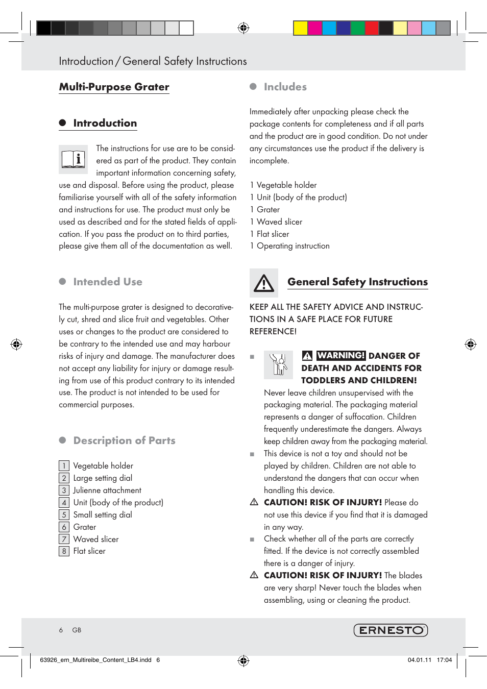 Introduction / general safety instructions, Multi-purpose grater, Introduction | Intended use, Description of parts, Includes, General safety instructions | Ernesto Z28071 User Manual | Page 4 / 24