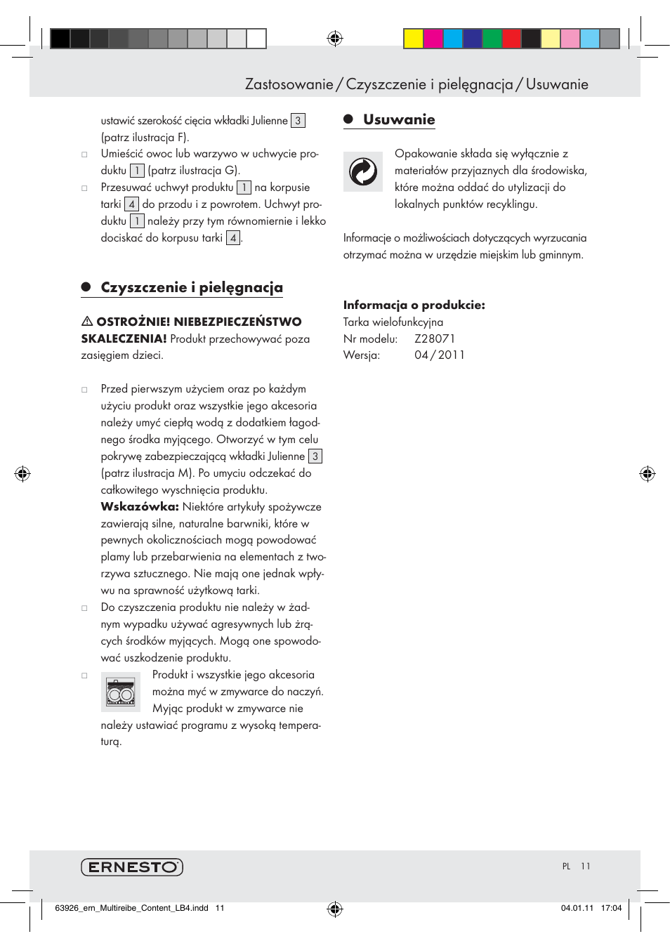 Czyszczenie i pielęgnacja, Usuwanie | Ernesto Z28071 User Manual | Page 9 / 24