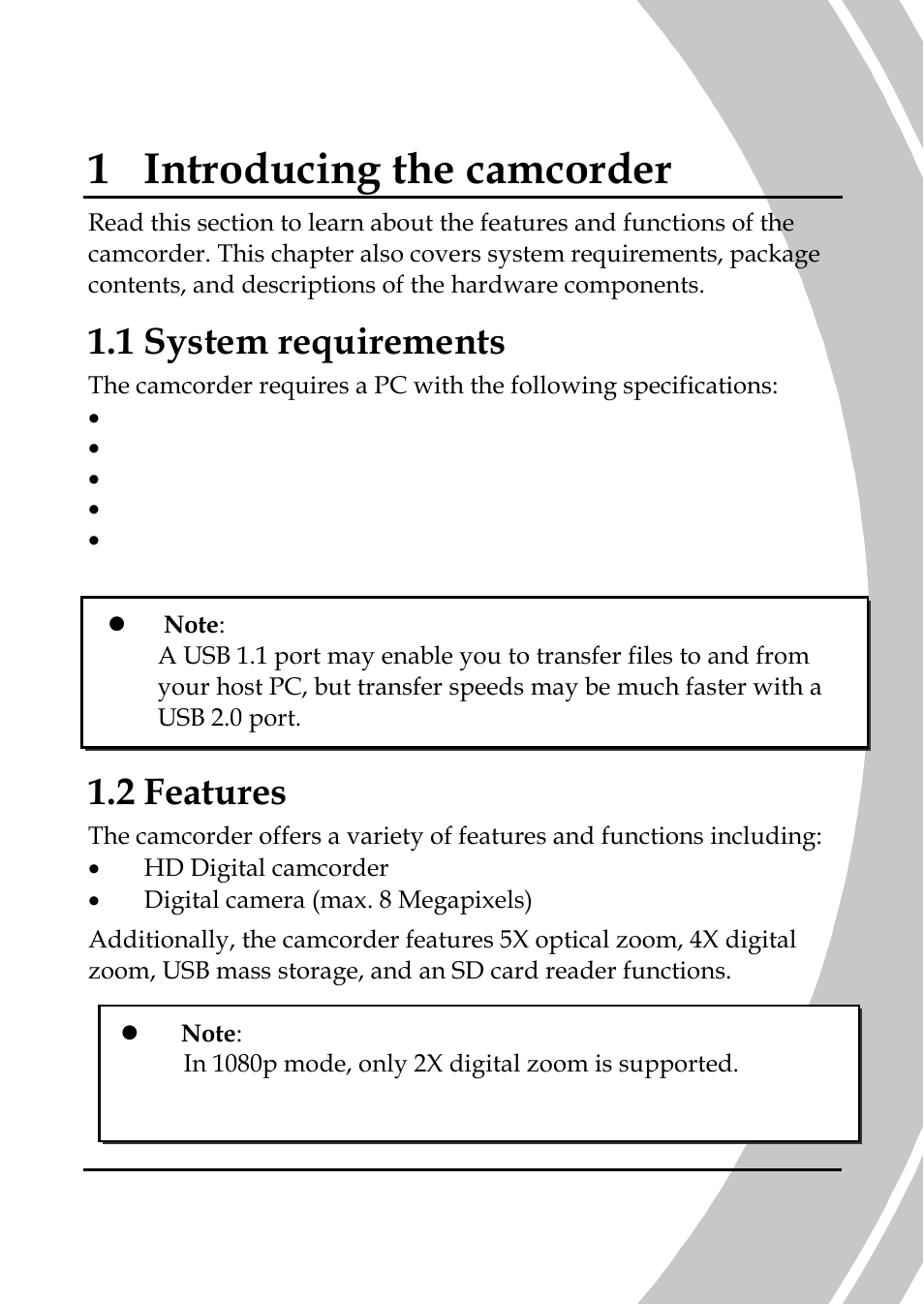 Introducing the camcorder, System requirements, Features | 1 introducing the camcorder, 1 system requirements, 2 features | DXG Technology DXG-595V User Manual | Page 11 / 85