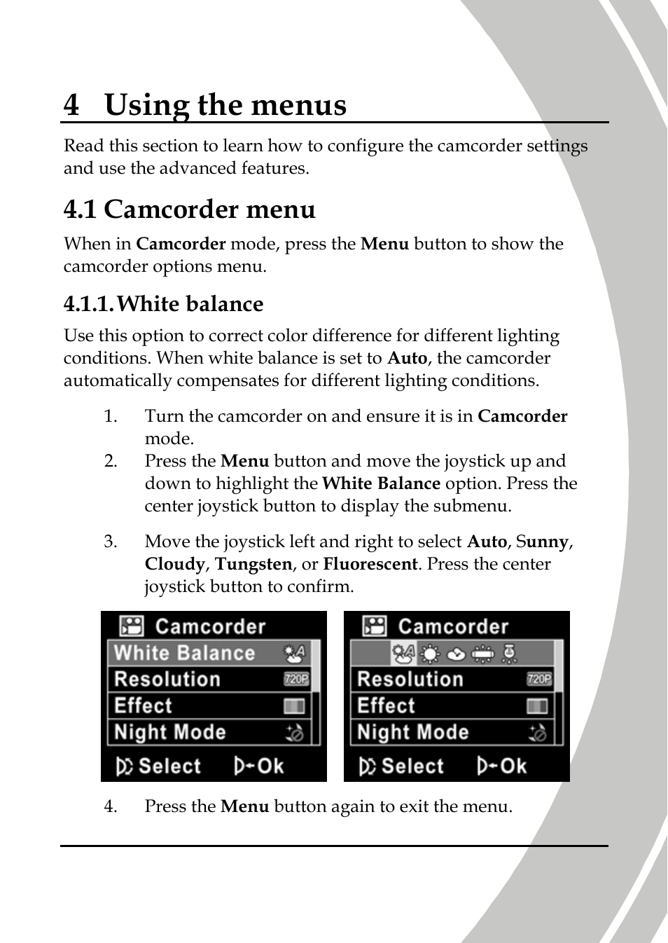 Using the menus, Camcorder menu, White balance | 4 using the menus, 1 camcorder menu | DXG Technology DXG-595V User Manual | Page 49 / 85