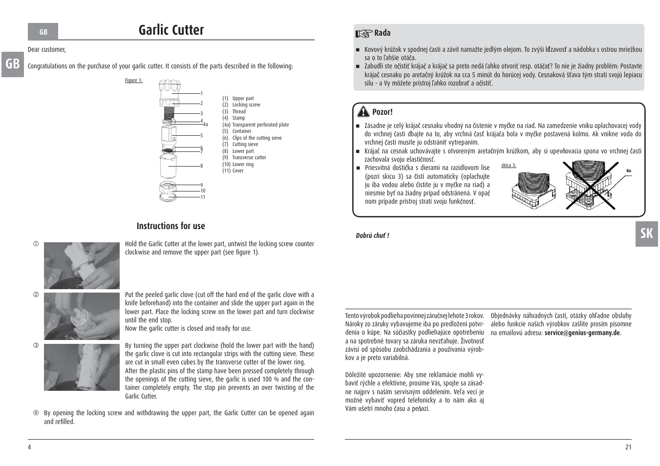 Gb garlic cutter, Instructions for use | Ernesto Meat Tenderiser User Manual | Page 4 / 12