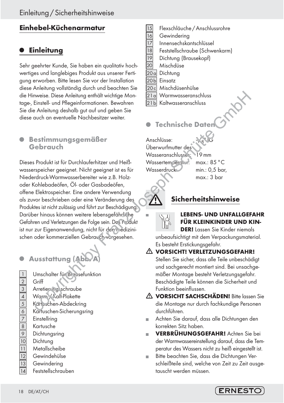 Copyright by franz joseph schütte gmbh, Einleitung / sicherheitshinweise, Einhebel-küchenarmatur | Einleitung, Bestimmungsgemäßer gebrauch, Ausstattung (abb. a), Technische daten, Sicherheitshinweise | Ernesto 78580/III User Manual | Page 17 / 26