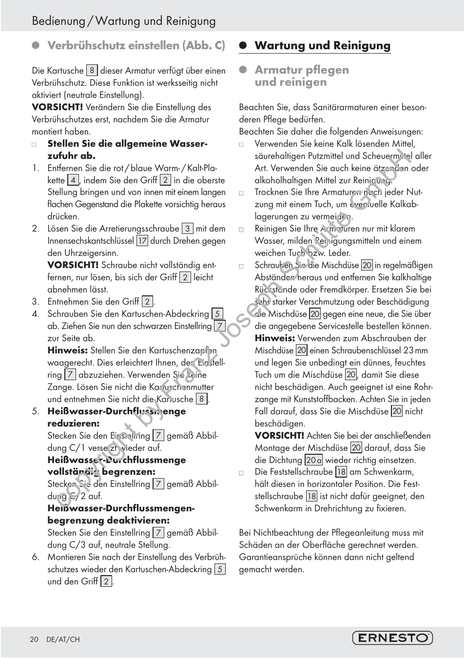 Copyright by franz joseph schütte gmbh, Bedienung / wartung und reinigung, Verbrühschutz einstellen (abb. c) | Wartung und reinigung, Armatur pﬂegen und reinigen | Ernesto 78580/III User Manual | Page 19 / 26