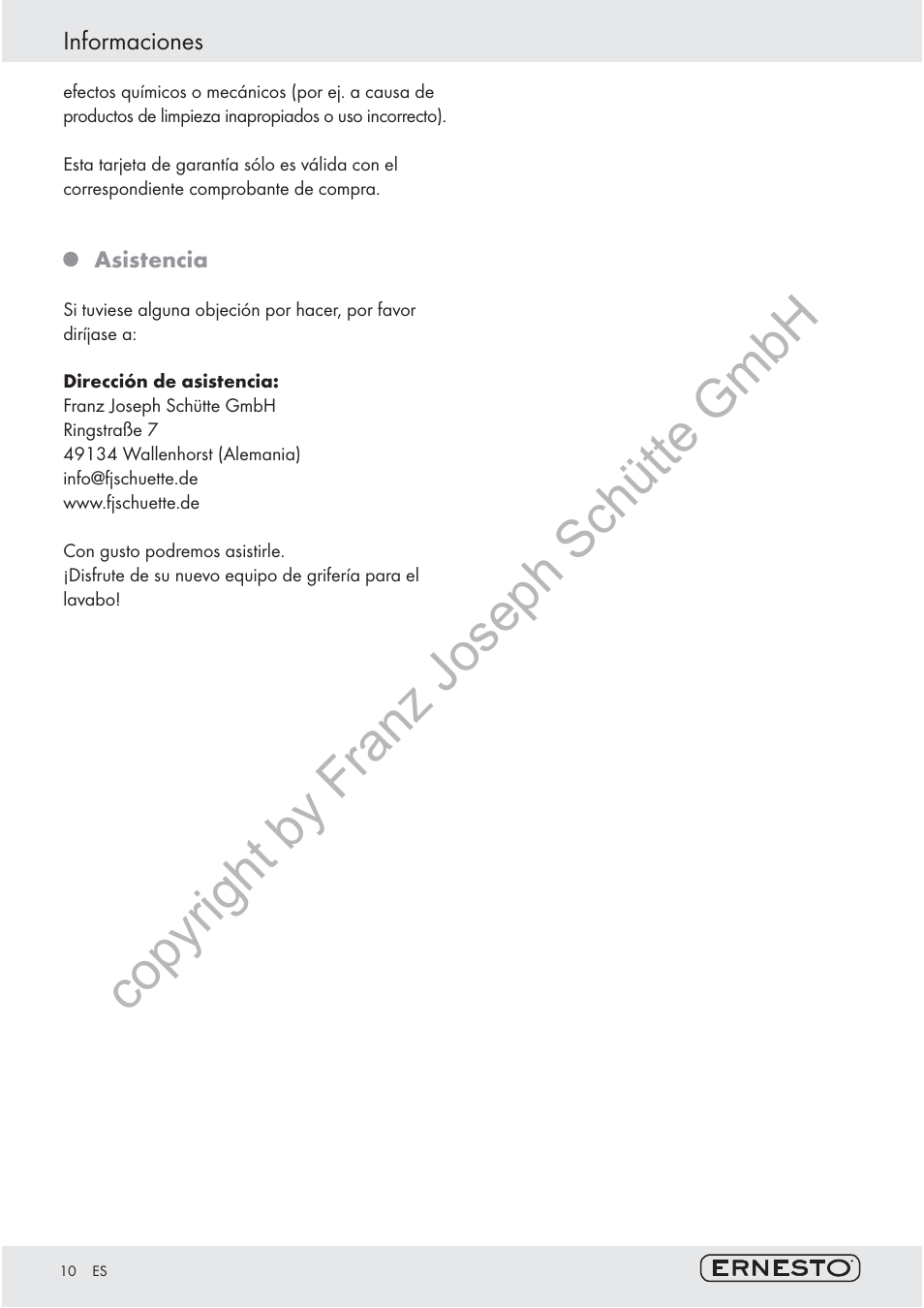 Copyright by franz joseph schütte gmbh, Informaciones | Ernesto 78580/III User Manual | Page 9 / 26