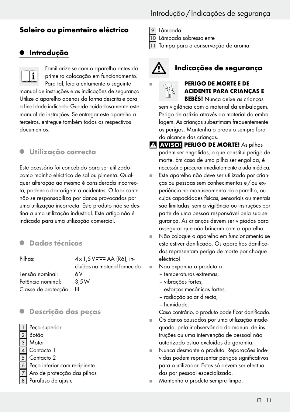 Introdução / indicações de segurança, Saleiro ou pimenteiro eléctrico, Introdução | Utilização correcta, Dados técnicos, Descrição das peças, Indicações de segurança | Ernesto Z30264 User Manual | Page 11 / 22