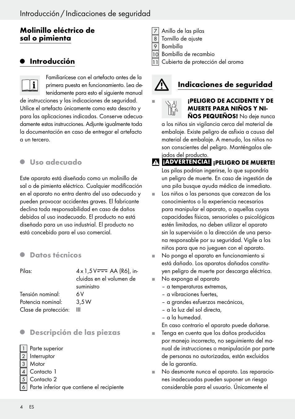 Introducción / indicaciones de seguridad, Molinillo eléctrico de sal o pimienta, Introducción | Uso adecuado, Datos técnicos, Descripción de las piezas, Indicaciones de seguridad | Ernesto Z30264 User Manual | Page 4 / 22