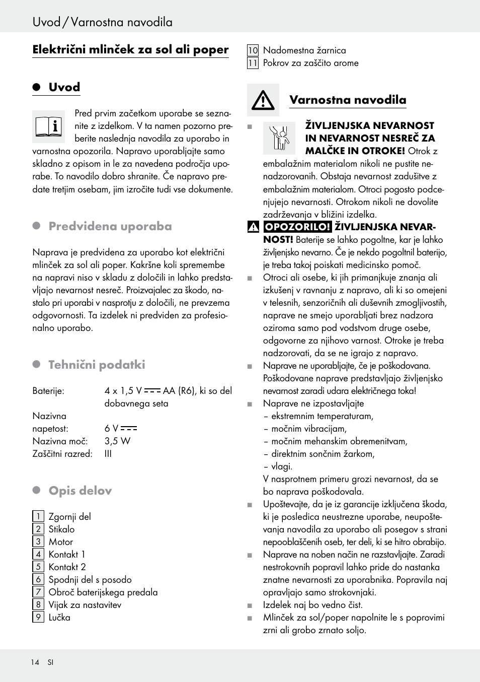 Uvod / varnostna navodila, Električni mlinček za sol ali poper, Uvod | Predvidena uporaba, Tehnični podatki, Opis delov, Varnostna navodila | Ernesto Z30264 User Manual | Page 14 / 27