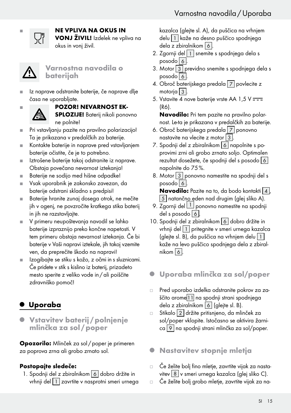 Varnostna navodila / uporaba, Varnostna navodila o baterijah, Uporaba | Uporaba mlinčka za sol/poper, Nastavitev stopnje mletja | Ernesto Z30264 User Manual | Page 15 / 27