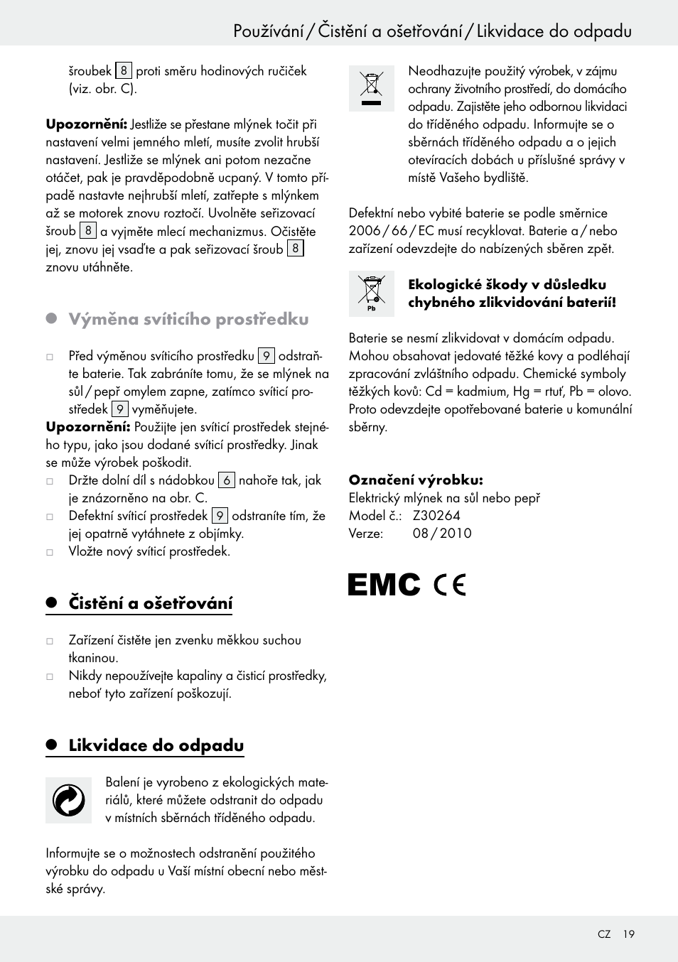 Výměna svíticího prostředku, Čistění a ošetřování, Likvidace do odpadu | Ernesto Z30264 User Manual | Page 19 / 27