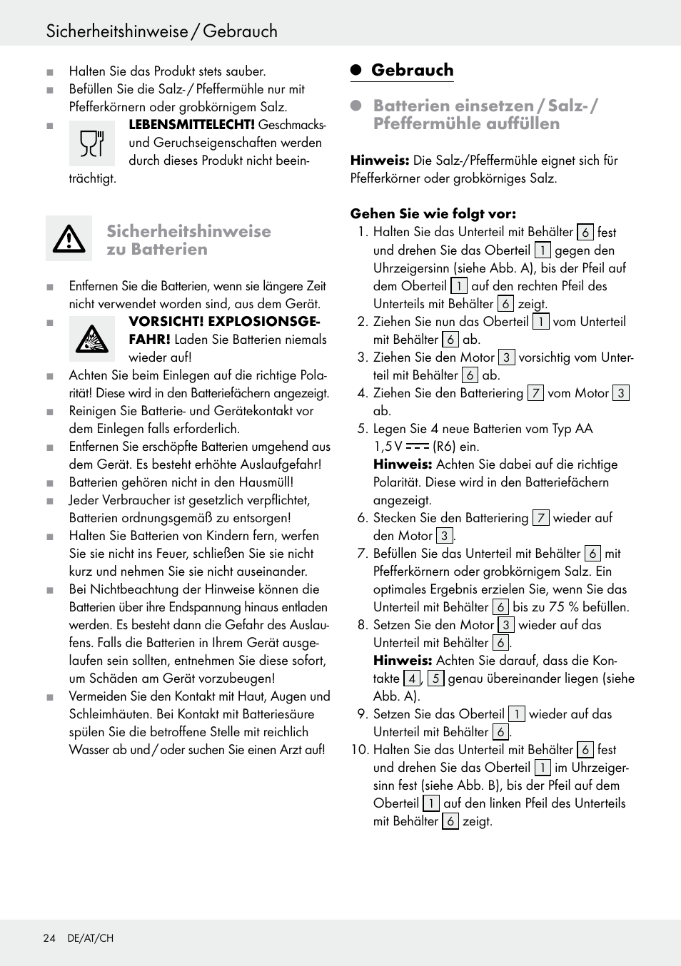 Sicherheitshinweise / gebrauch, Sicherheitshinweise zu batterien, Gebrauch | Ernesto Z30264 User Manual | Page 24 / 27