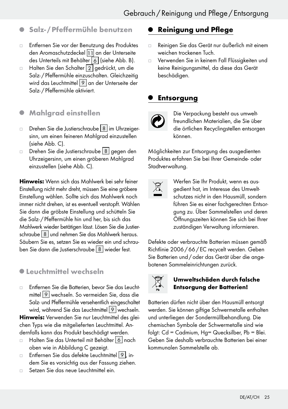 Gebrauch / reinigung und pflege / entsorgung, Salz- / pfeffermühle benutzen, Mahlgrad einstellen | Leuchtmittel wechseln, Reinigung und pflege, Entsorgung | Ernesto Z30264 User Manual | Page 25 / 27