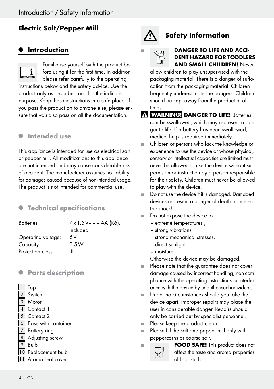 Introduction / safety information, Electric salt/pepper mill, Introduction | Intended use, Technical specifications, Parts description, Safety information | Ernesto Z30264 User Manual | Page 4 / 27