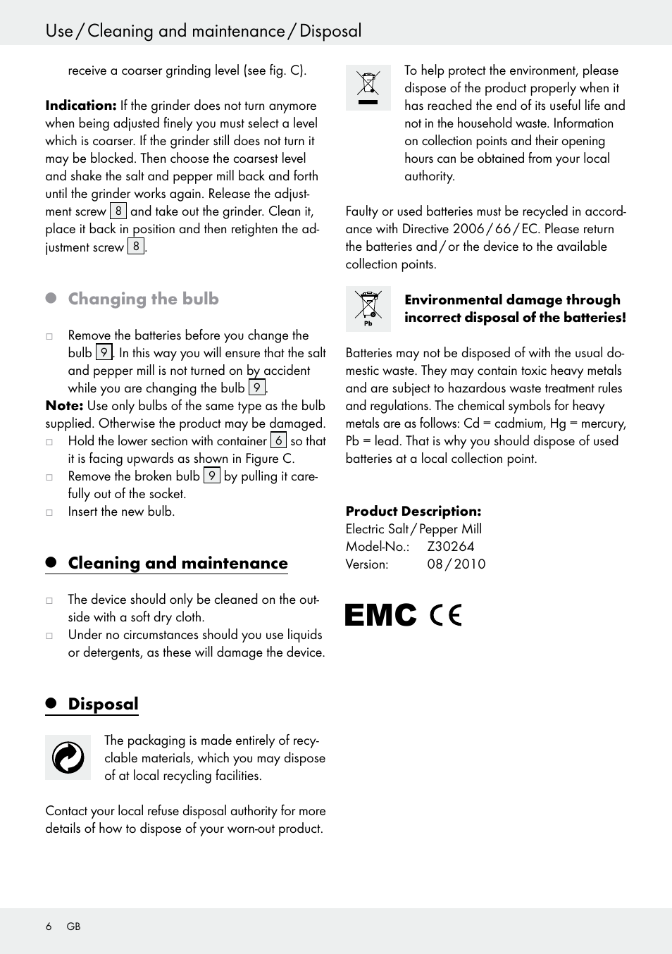 Use / cleaning and maintenance / disposal, Changing the bulb, Cleaning and maintenance | Disposal | Ernesto Z30264 User Manual | Page 6 / 27