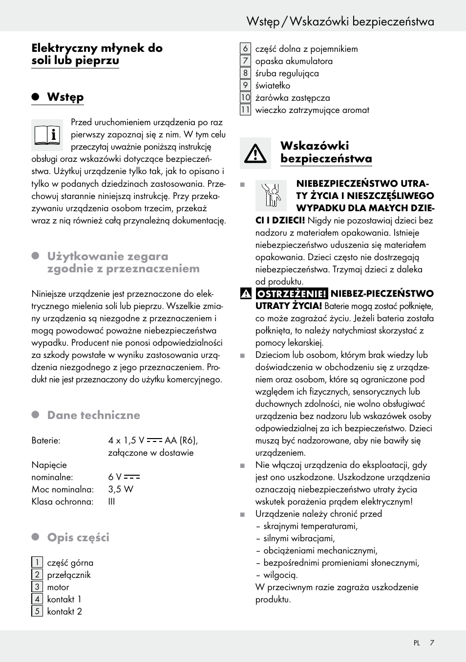 Wstęp / wskazówki bezpieczeństwa, Elektryczny młynek do soli lub pieprzu, Wstęp | Użytkowanie zegara zgodnie z przeznaczeniem, Dane techniczne, Opis części, Wskazówki bezpieczeństwa | Ernesto Z30264 User Manual | Page 7 / 27