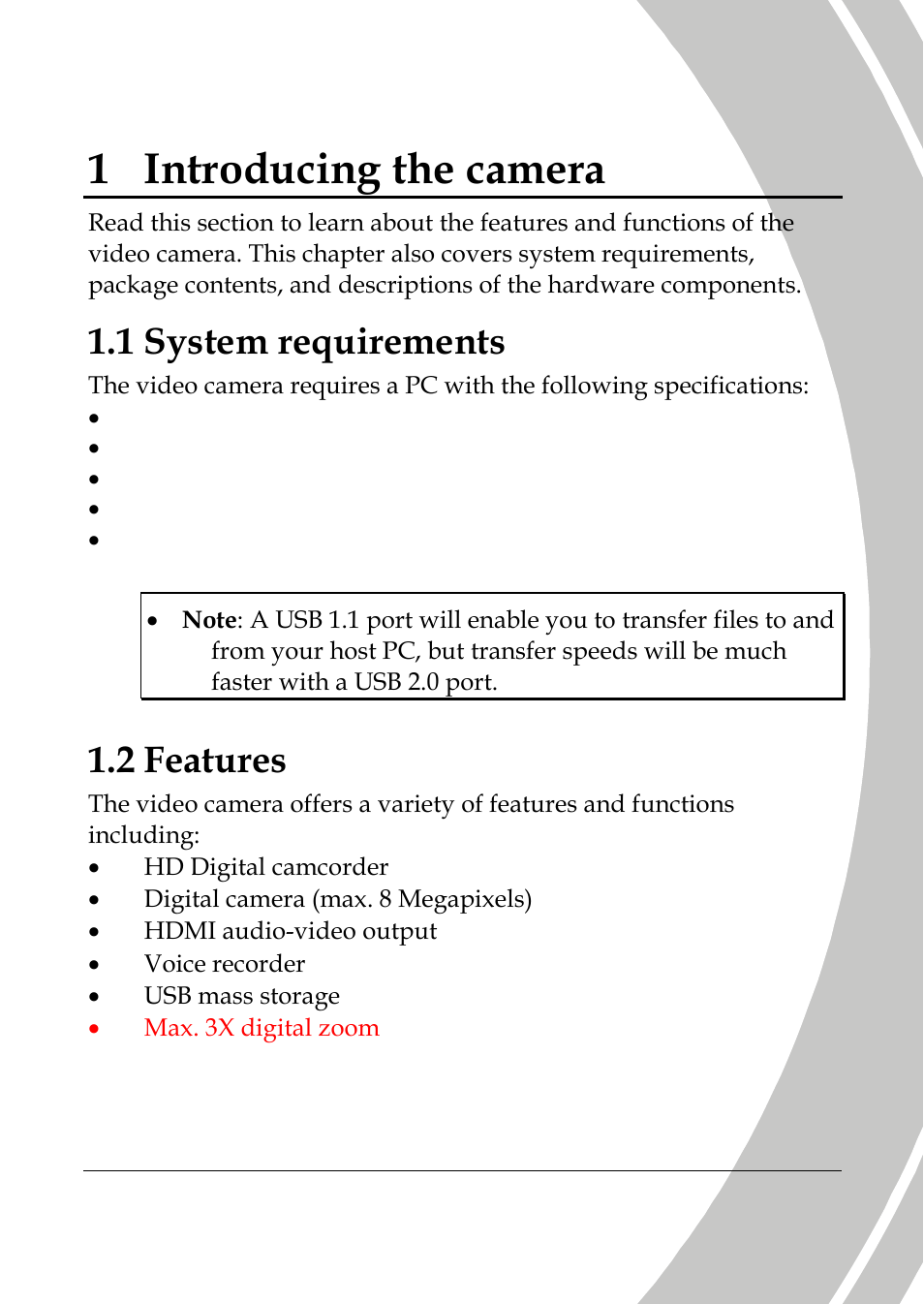 Introducing the camera, System requirements, Features | 1 introducing the camera, 1 system requirements, 2 features | DXG Technology DXG-517V HD User Manual | Page 11 / 84