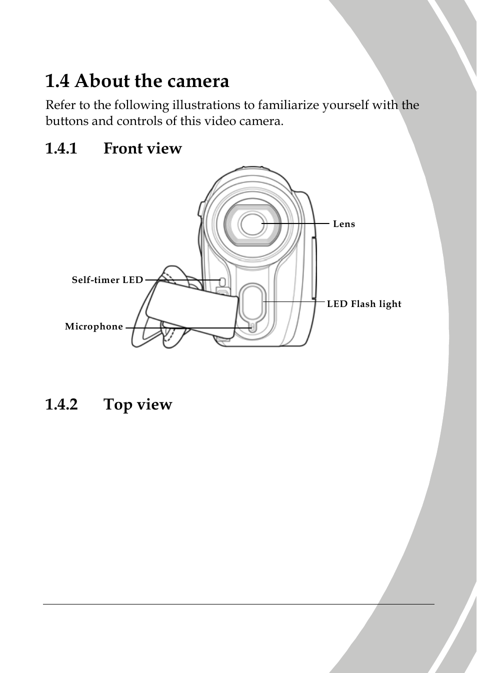 About the camera, Front view, Top view | 4 about the camera, 1 front view, 2 top view | DXG Technology DXG-517V HD User Manual | Page 13 / 84