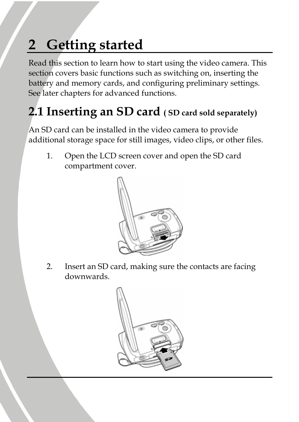 Getting started, Inserting an sd card, 2 getting started | 1 inserting an sd card | DXG Technology DXG-517V HD User Manual | Page 22 / 84