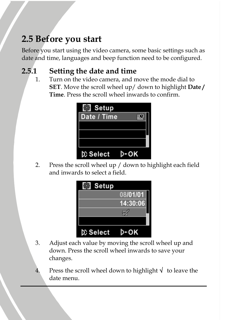 Before you start, Setting the date and time, 5 before you start | 1 setting the date and time | DXG Technology DXG-517V HD User Manual | Page 26 / 84