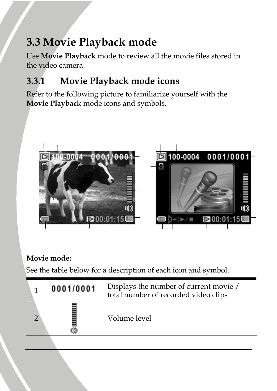 Movie playback mode, Movie playback mode icons, 3 movie playback mode | 1 movie playback mode icons, Movie mode voice recorder mode | DXG Technology DXG-517V HD User Manual | Page 42 / 84